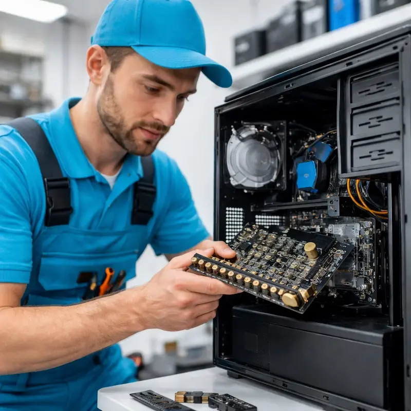 Мастер устанавливает звуковую карту на ПК в Софрино